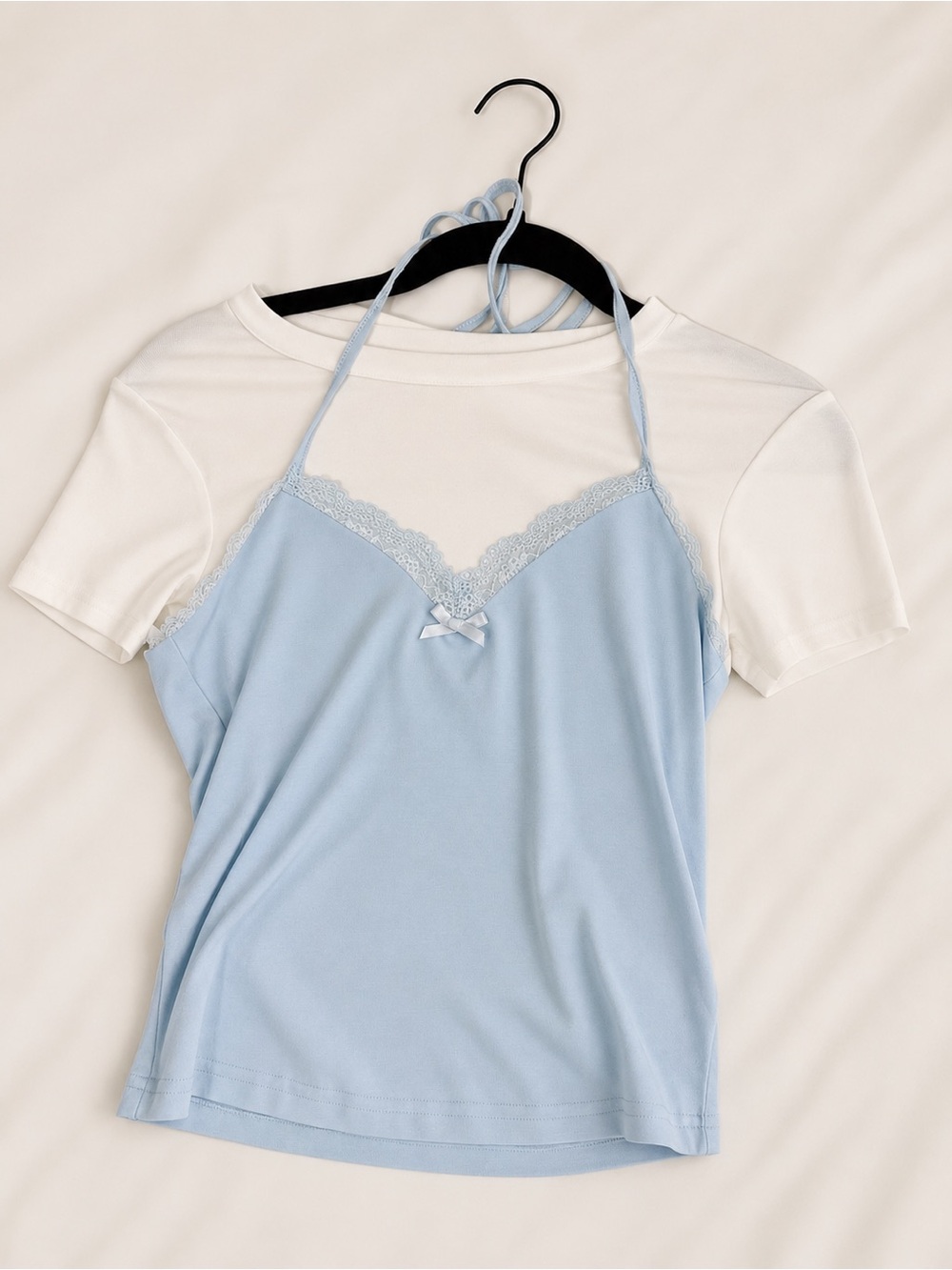 Light Blue Lace Trim Cami Layered Over White Tee